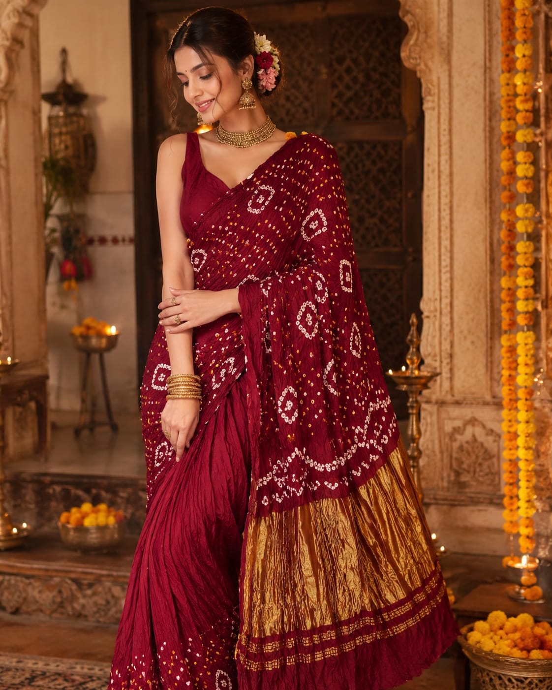 Burgundy textile with golden accents